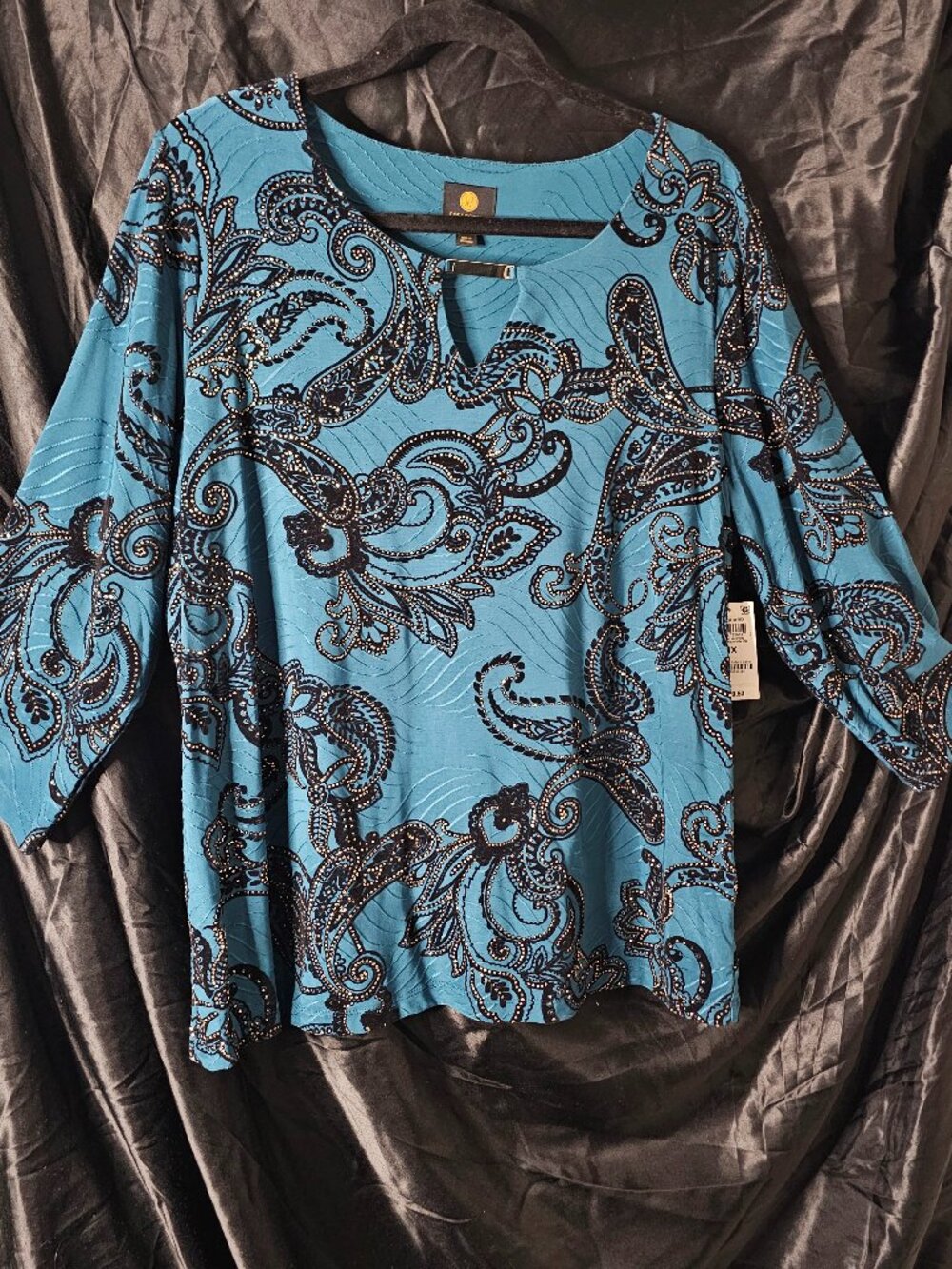 JM Collection Teal & Black Paisley Metallic Detail Top - Size 1X - NWT